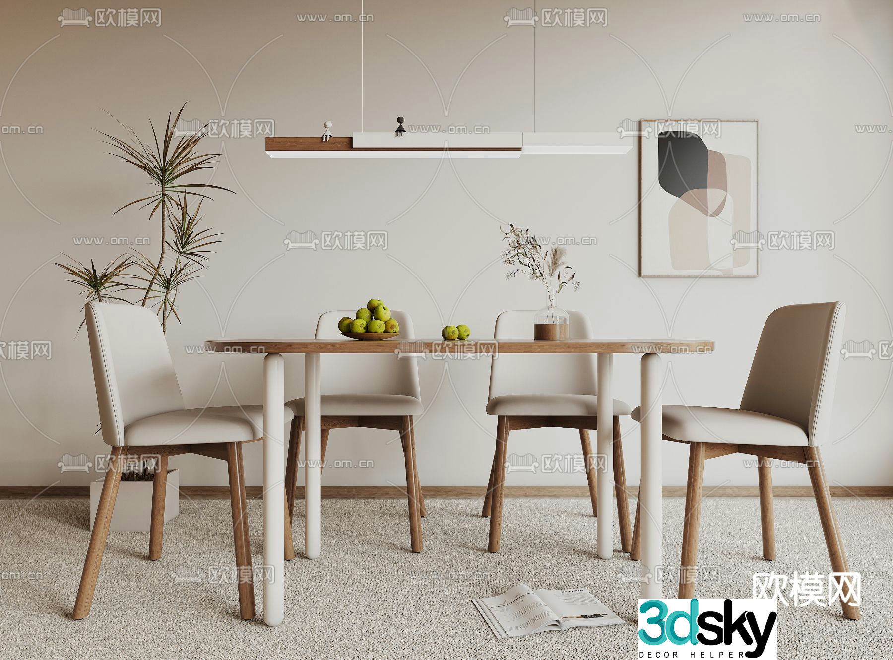 Cream style dining table and chairs log dining table 3d model