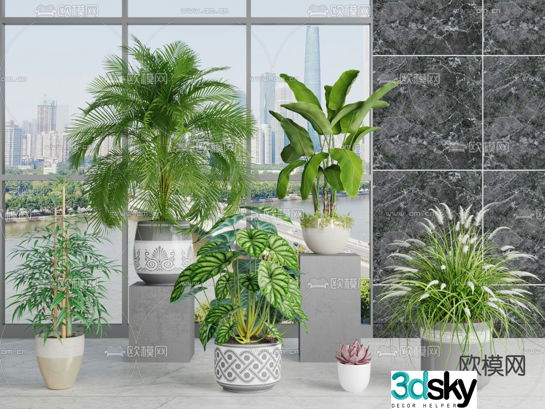 Potted plants bonsai banana scattered 3D model
