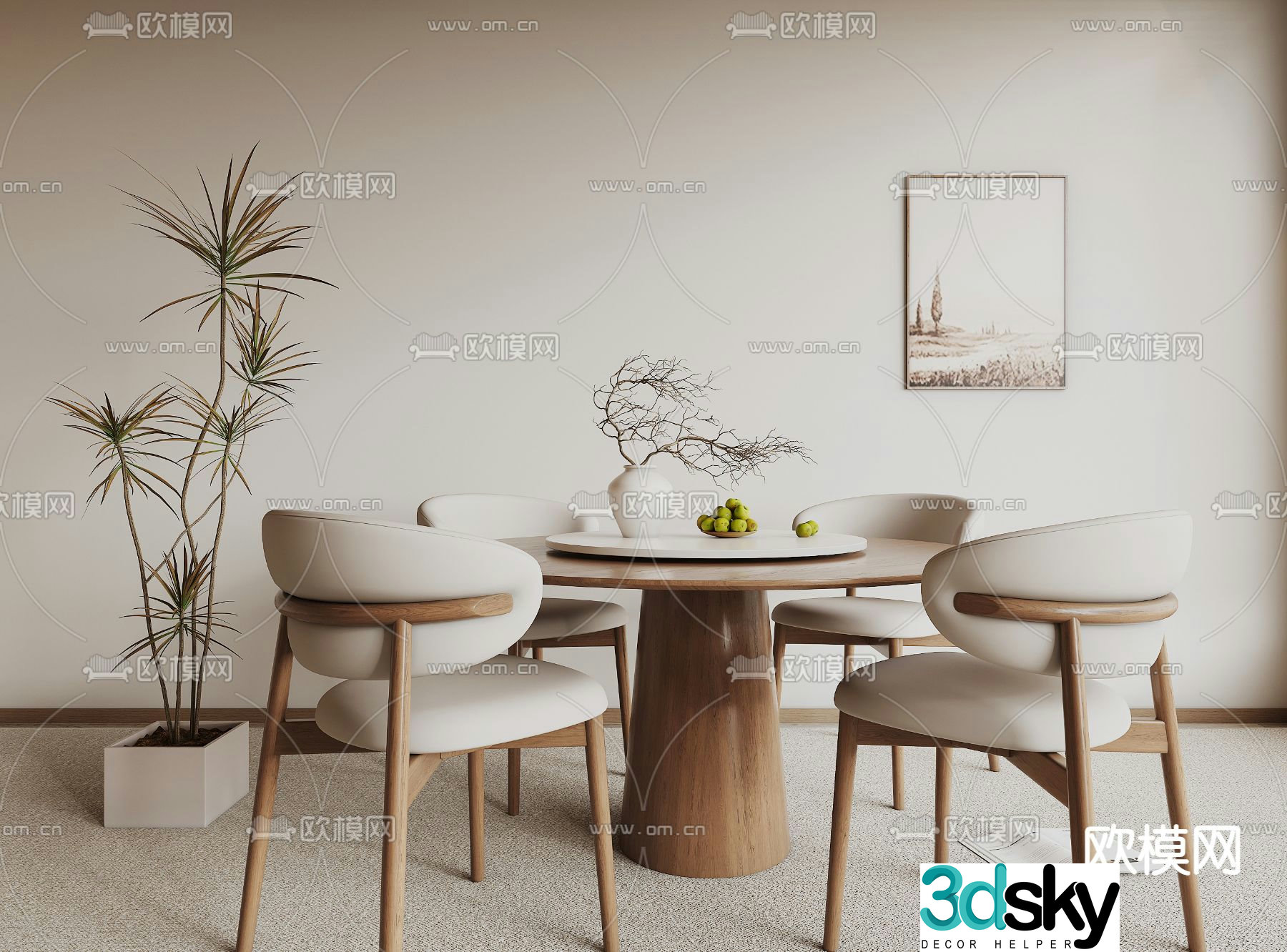 Cream style dining table and chairs round dining table 3d model