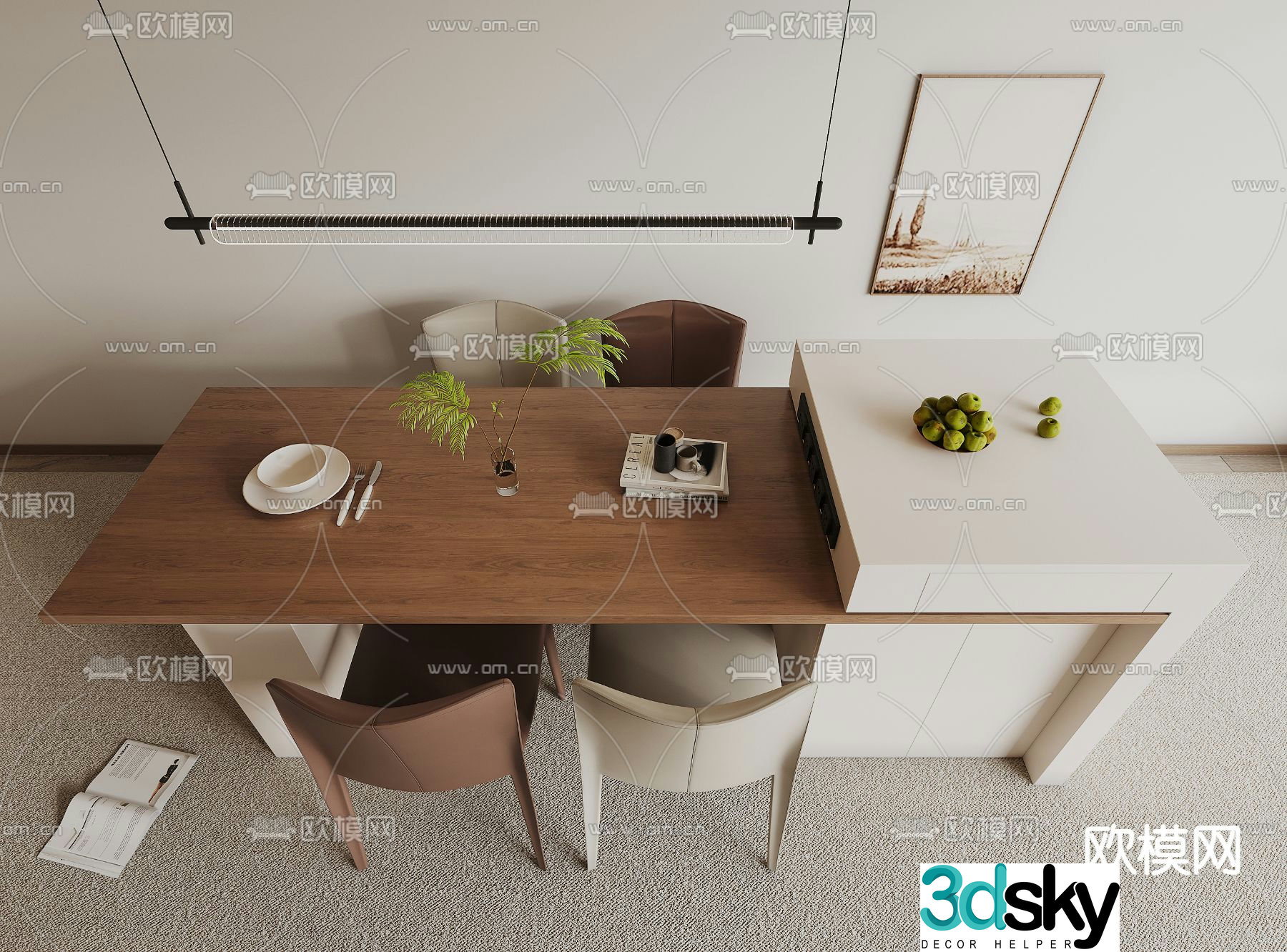 Island dining table and chairs 3d model