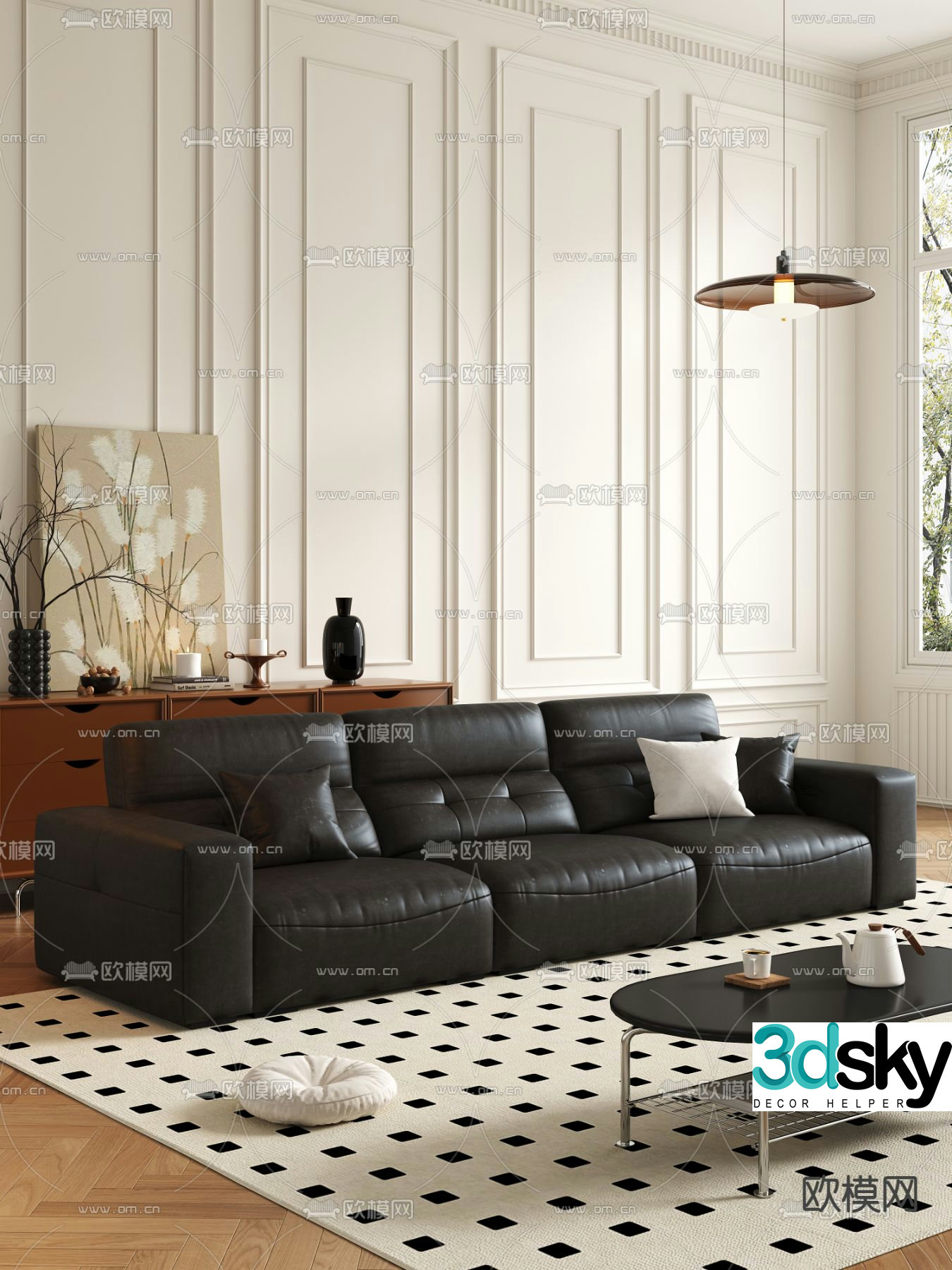 Three-seat sofa leather sofa multi-person sofa 3d model