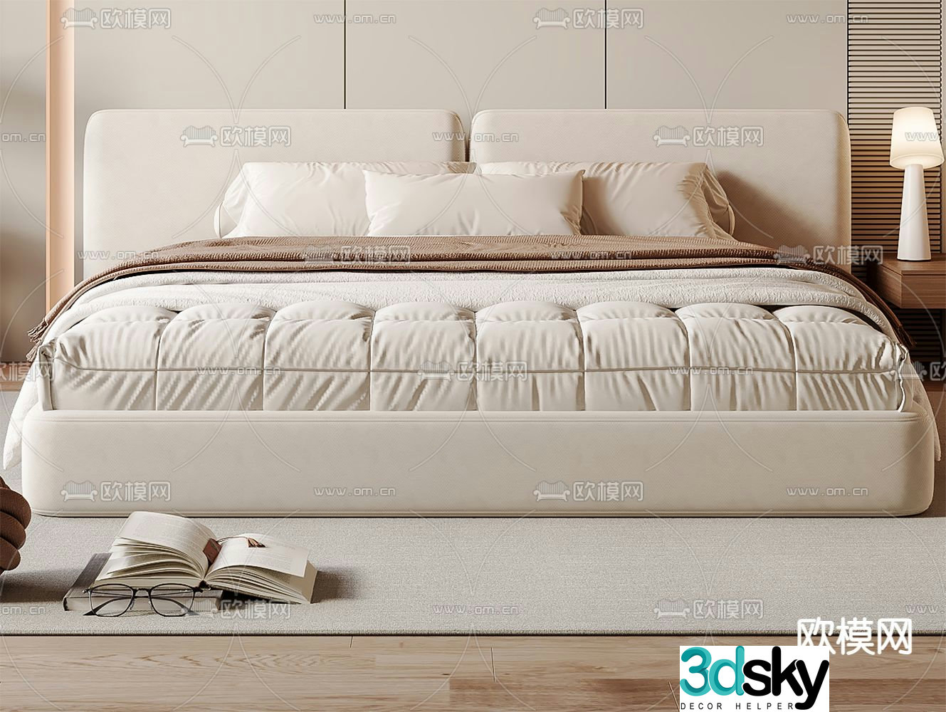 Cream style double bed 3d model