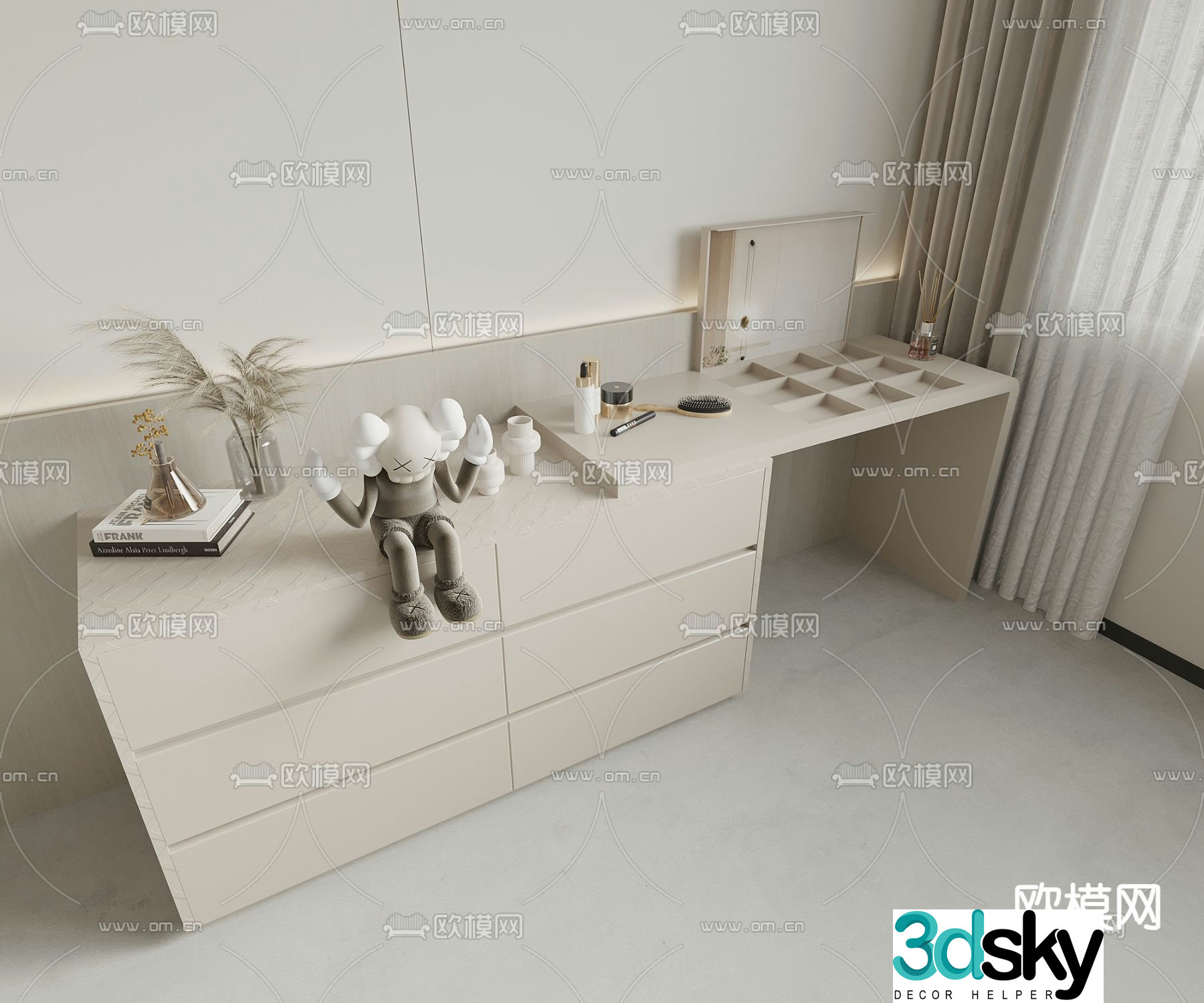 Cream style dressing table makeup table 3d model