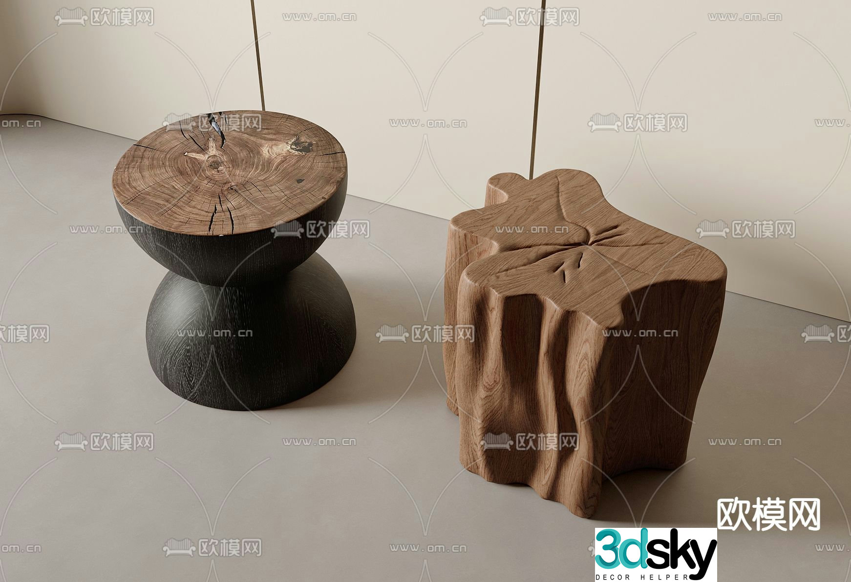 Wabi-sabi stool round stool low stool sitting stool root carving stool 3D model