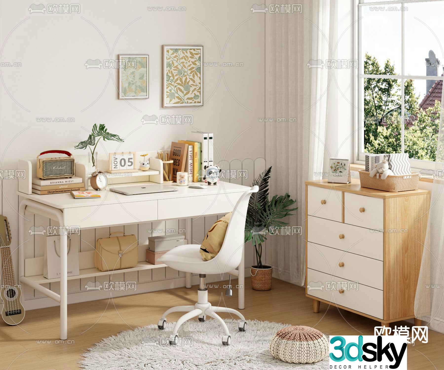 Cream style desk writing desk 3d model