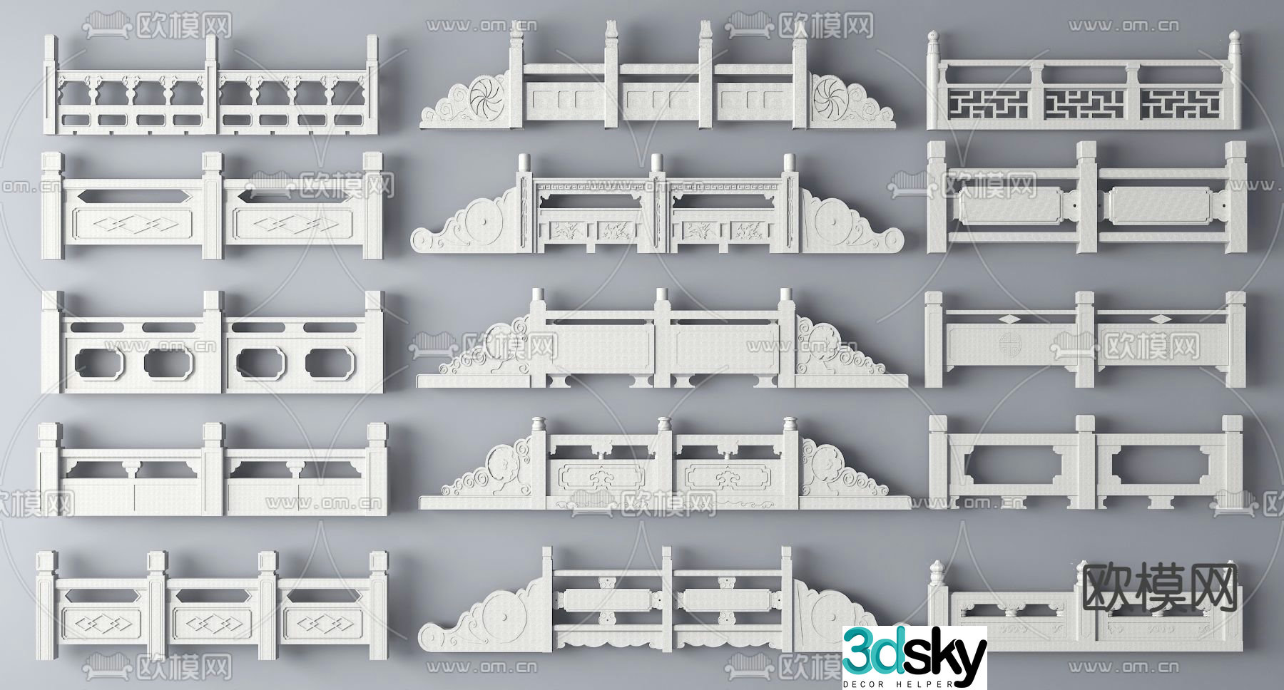 Chinese railings white marble guardrails fences 3d model