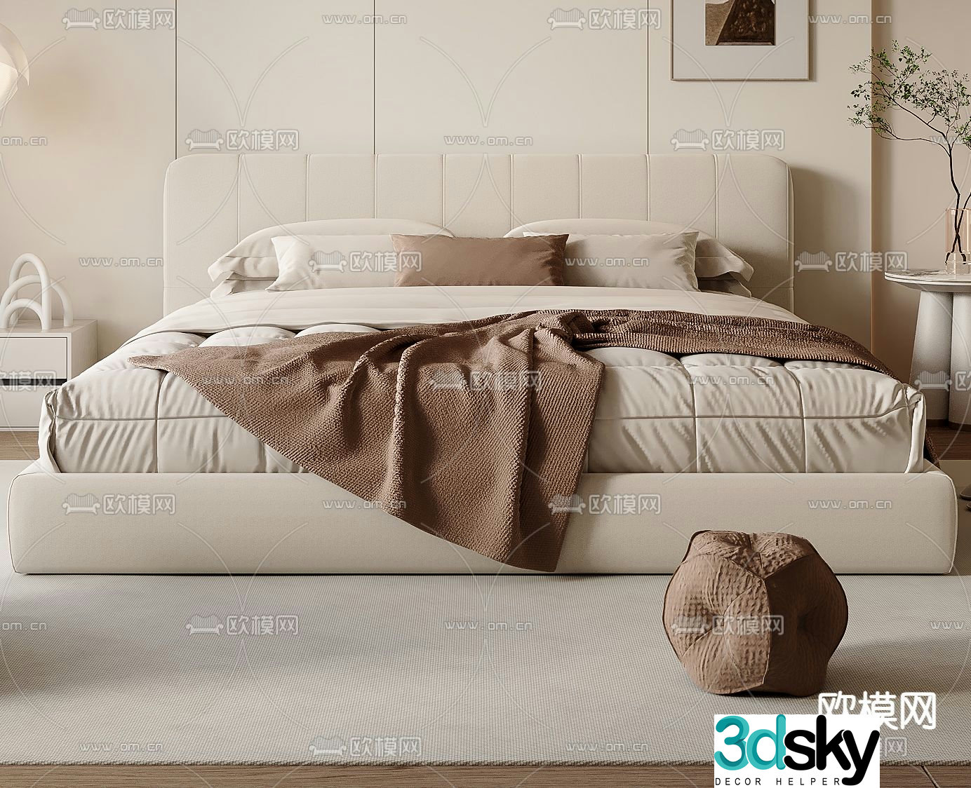 Cream style double bed 3d model