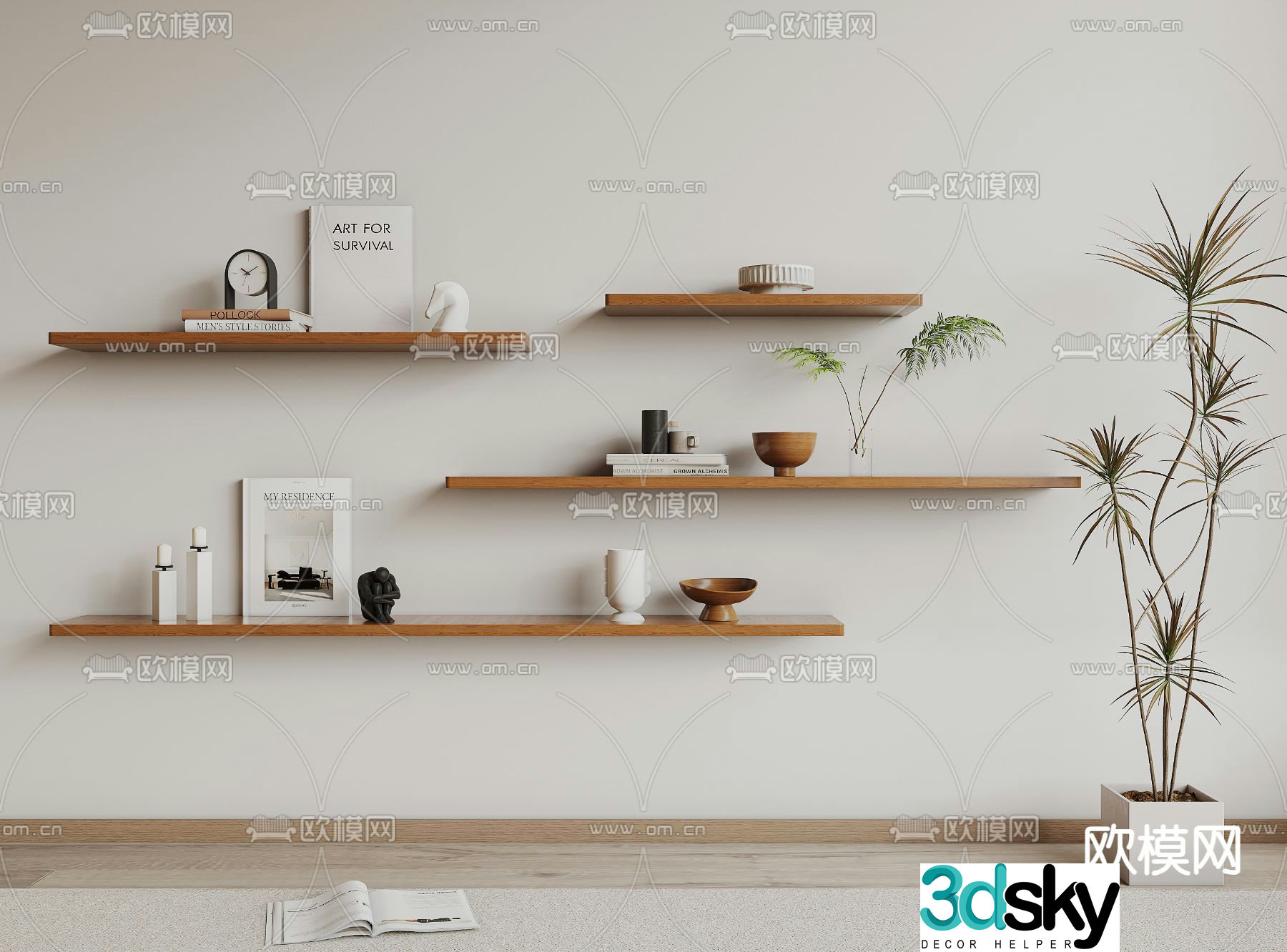 Solid wood storage rack laminate wall shelf 3d model