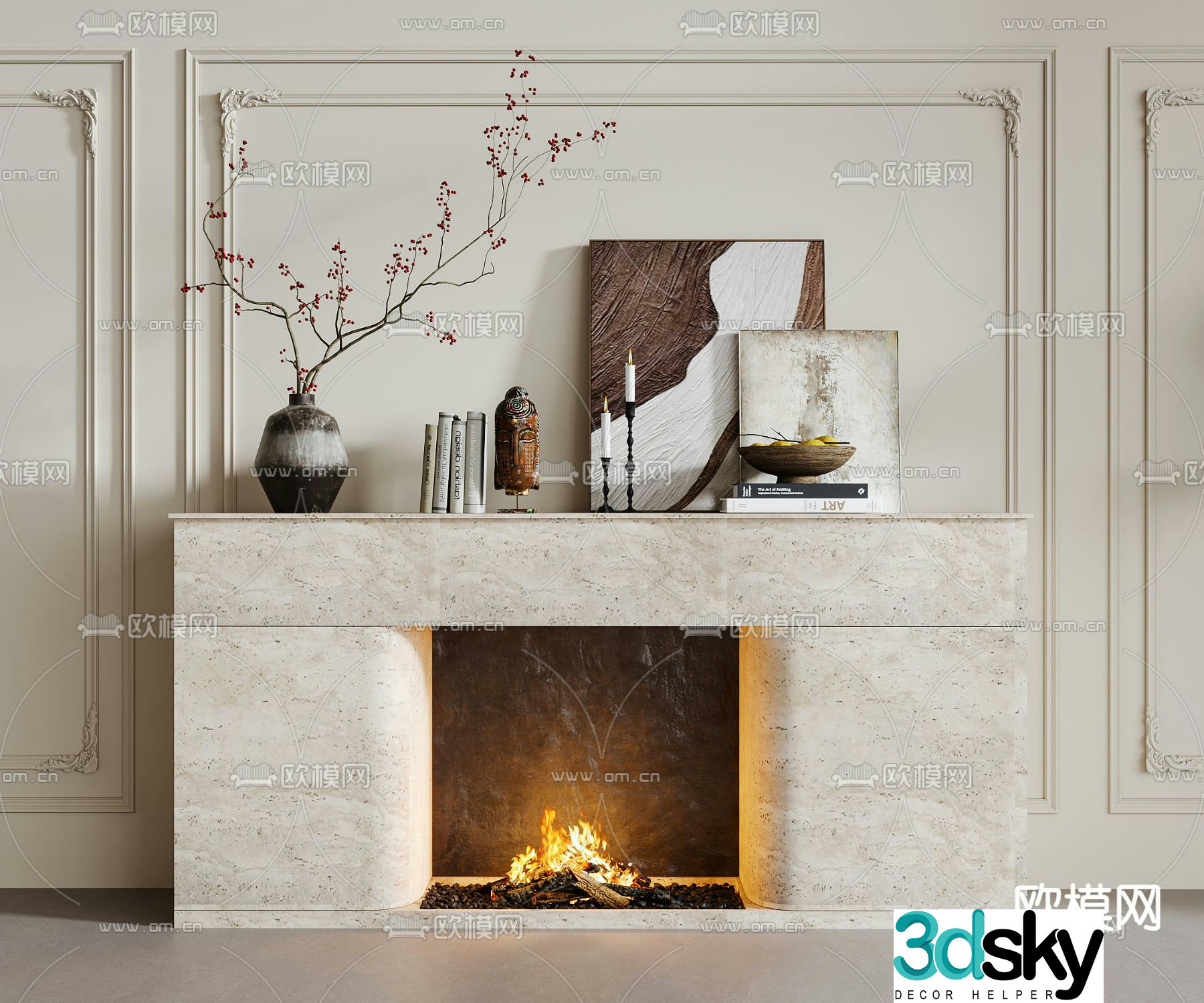 french fireplace flame firewood pile 3d model