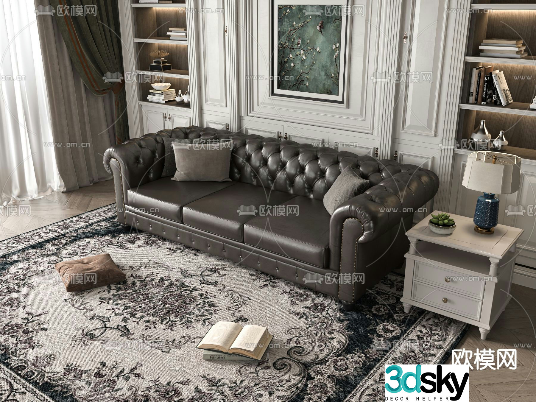 Three-person sofa multi-person sofa leather sofa 3d model
