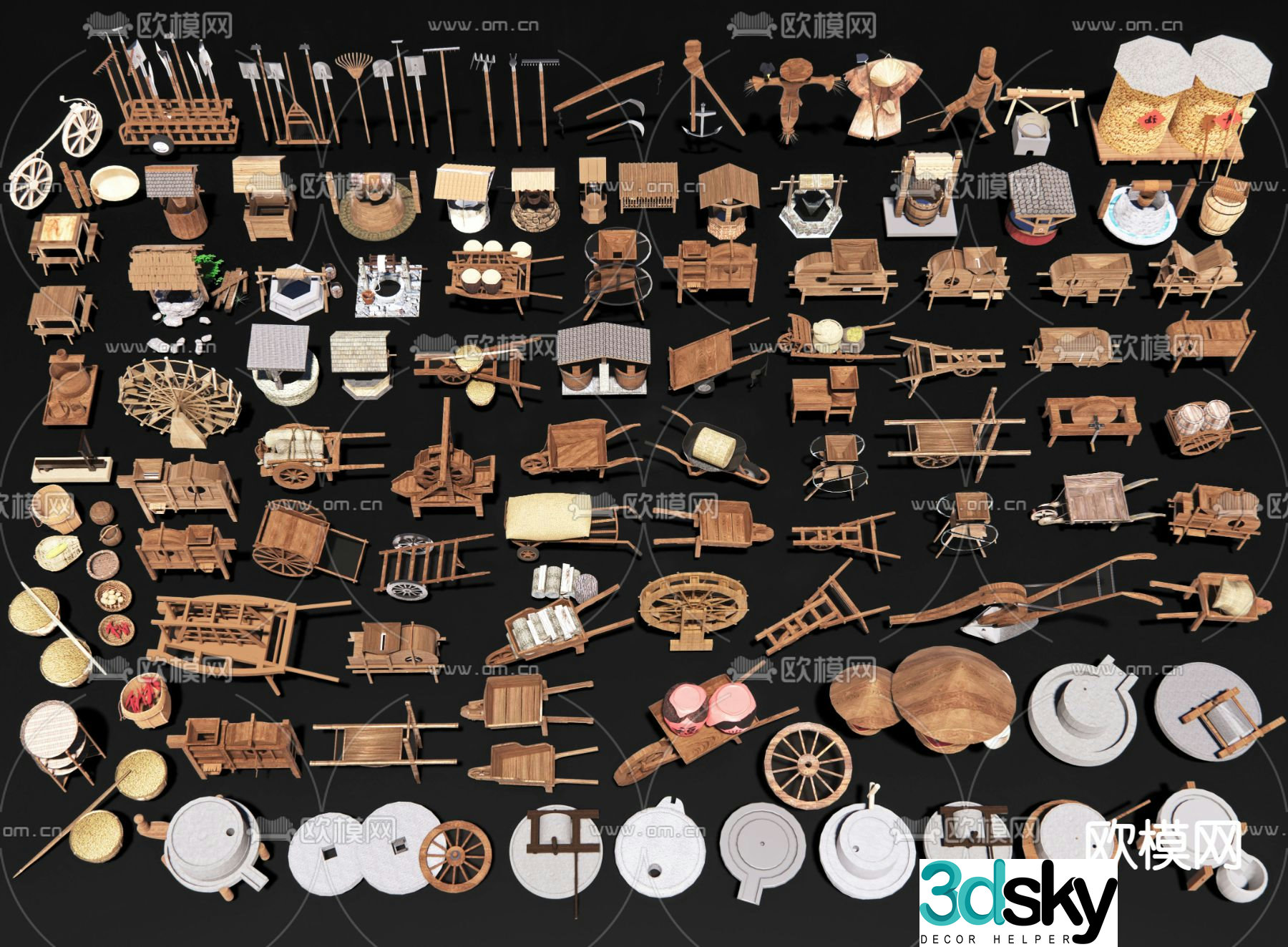 Farming sketches farm tools carts rake 3D model