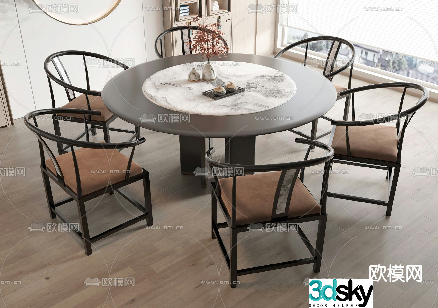 New Chinese style dining table and chairs round dining table 3d model