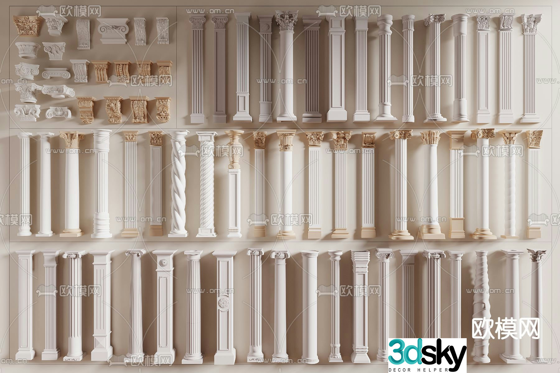 European Roman column gypsum column carved stylus head 3D model