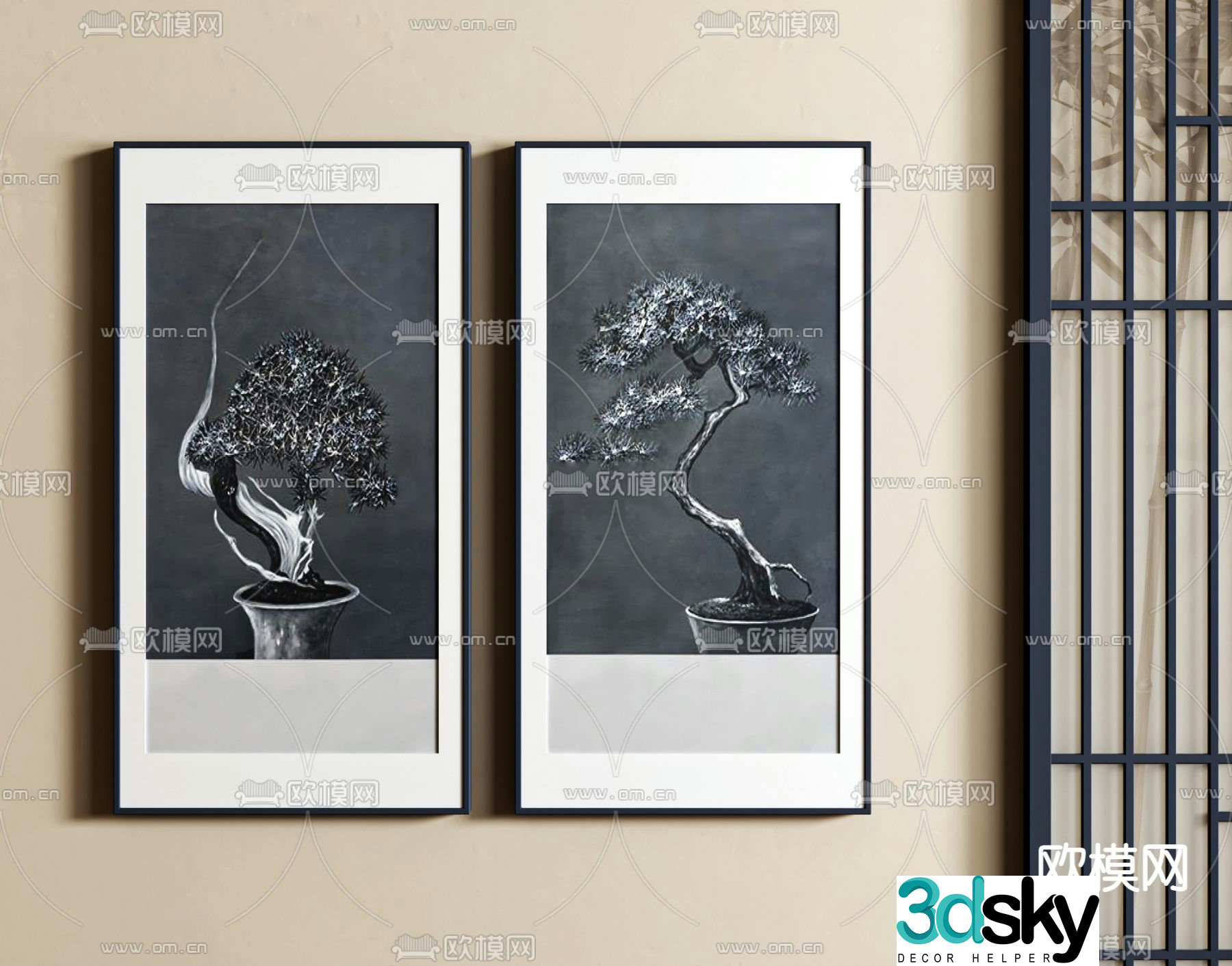 New Chinese style plant painting black and white painting pine tree hanging painting 3D model