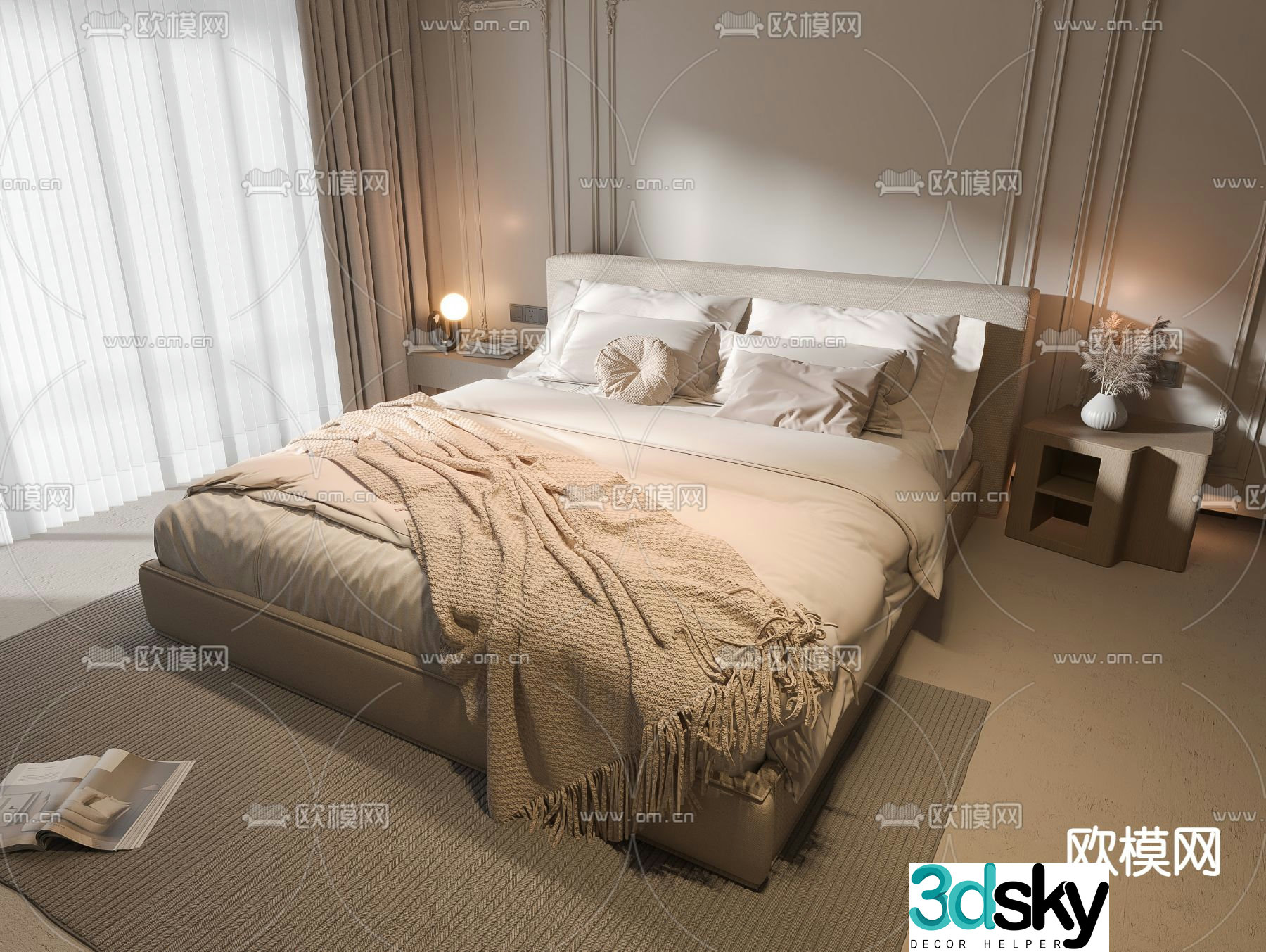 Cream style double bed 3d model