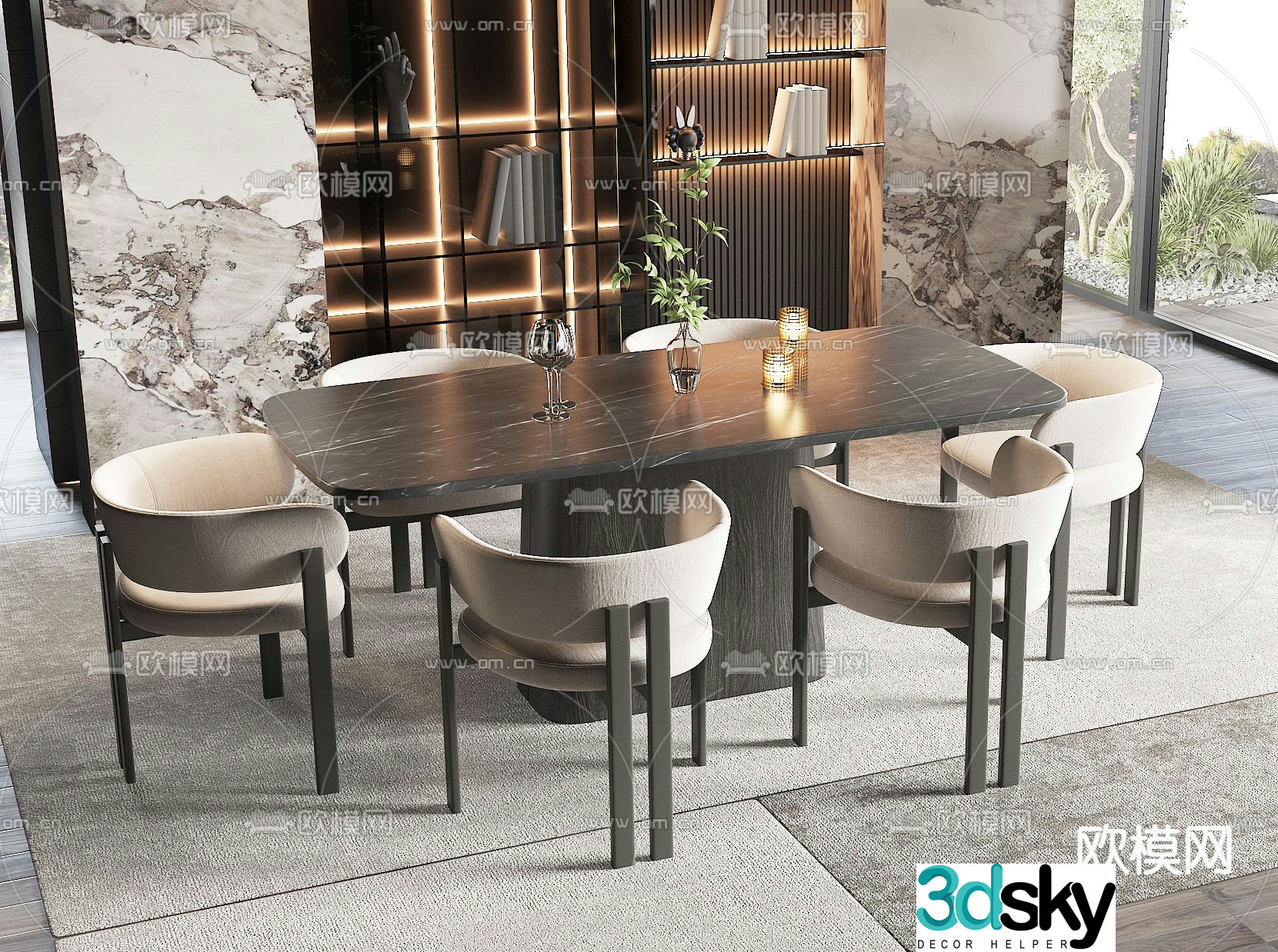 Marble dining table and chairs 3d model