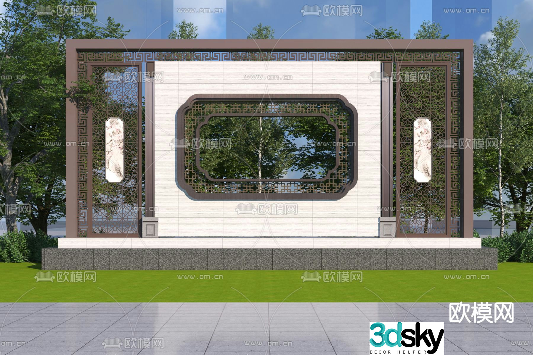 New Chinese style landscape wall courtyard sketch 3D model