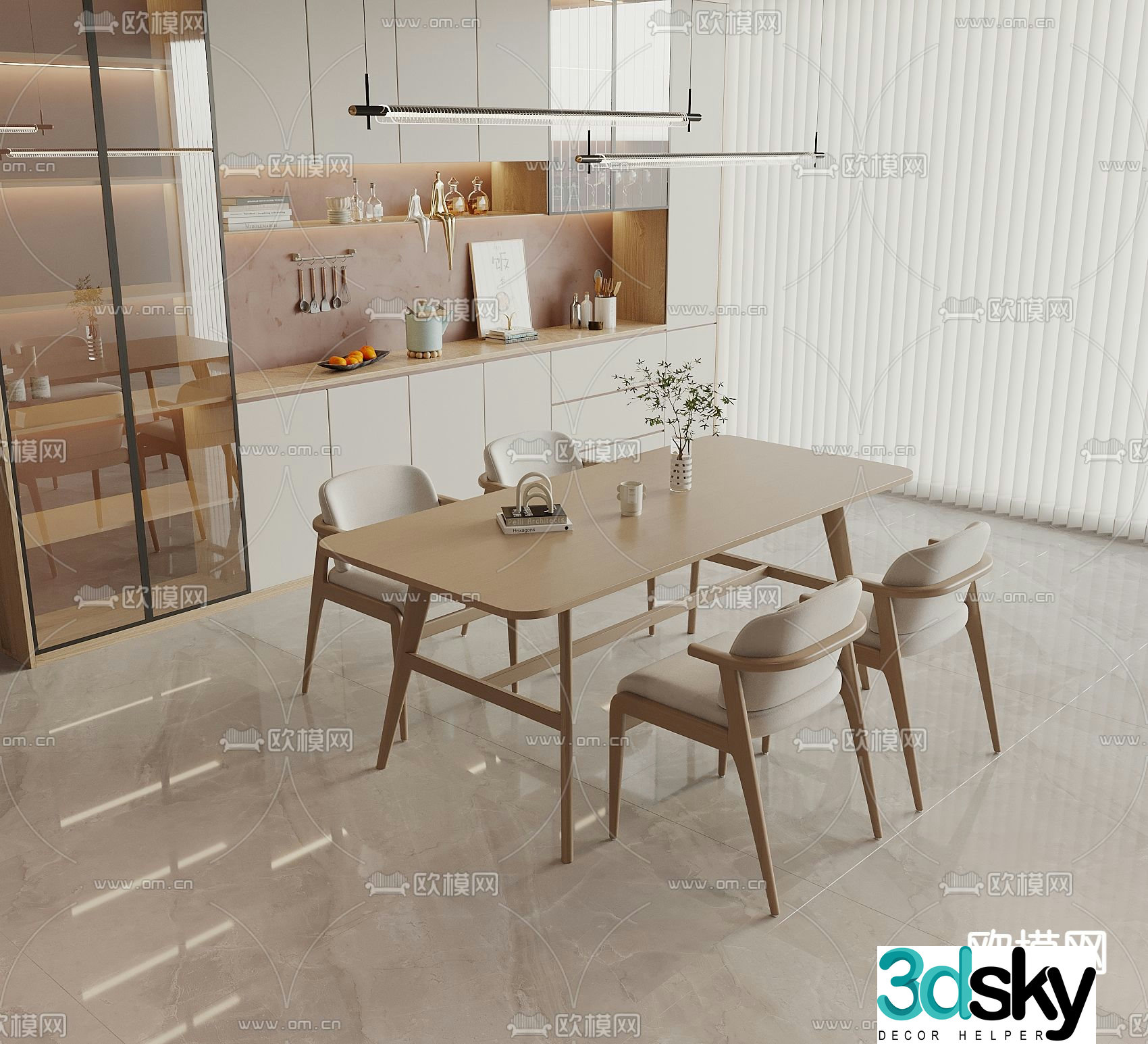 Nordic dining table and chairs solid wood dining table 3d model