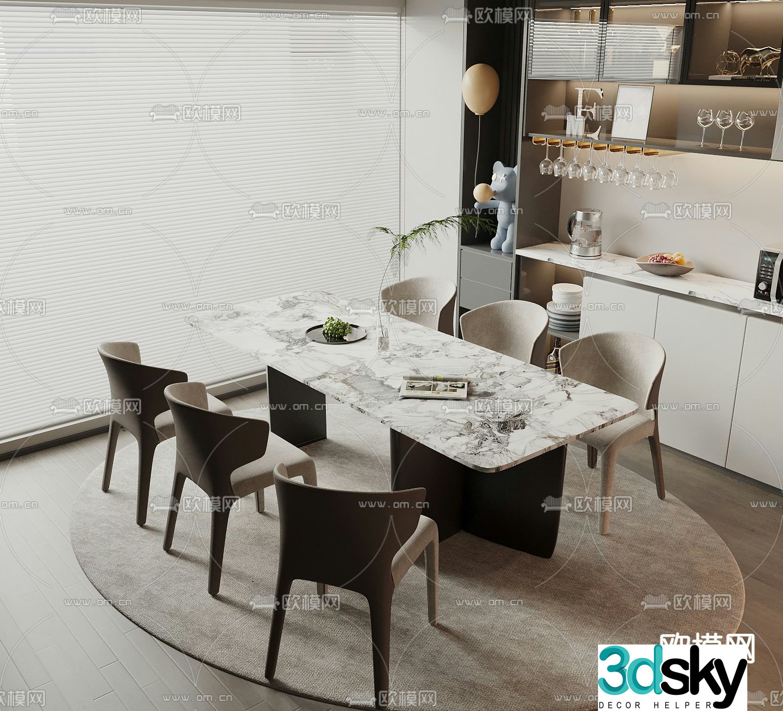 Long dining table and chairs 3d model