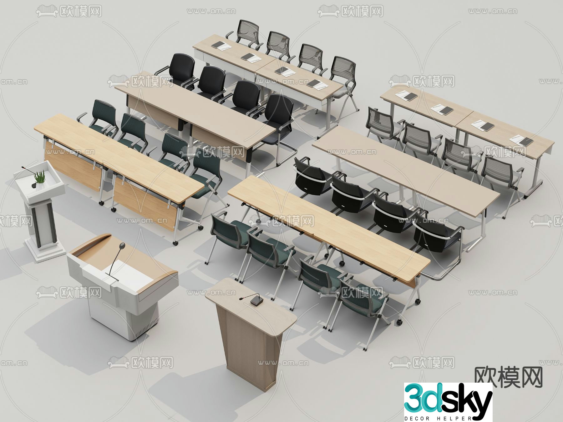 Training tables and chairs classroom tables and chairs conference tables and chairs folding chairs podium 3D model