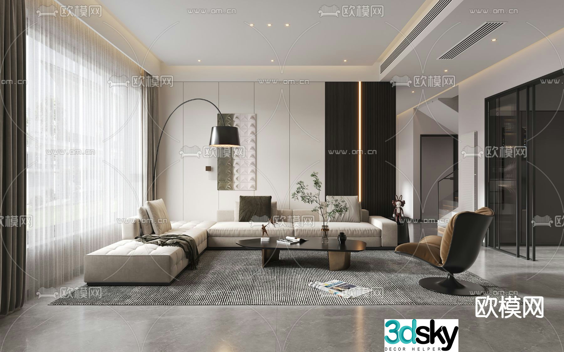 Modern living and dining room 3d model