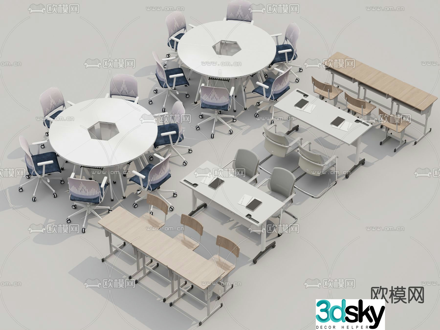 Training tables and chairs classroom tables and chairs conference tables and chairs round conference table 3D model