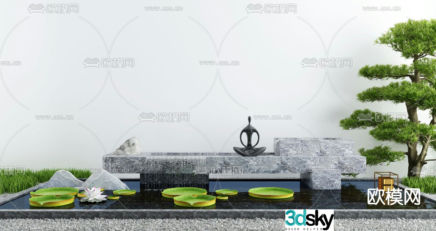 Waterscape sketch lotus pond flowing water waterfall 3D model