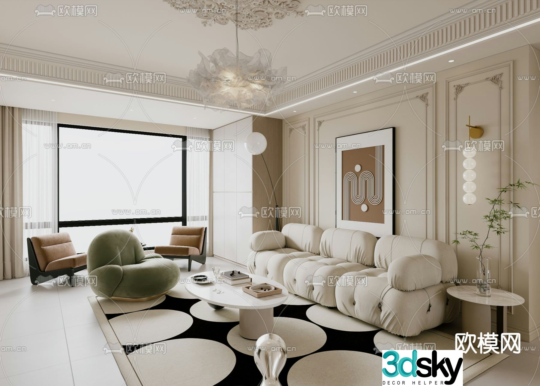 French living room and restaurant creamy style living room and restaurant 3d model