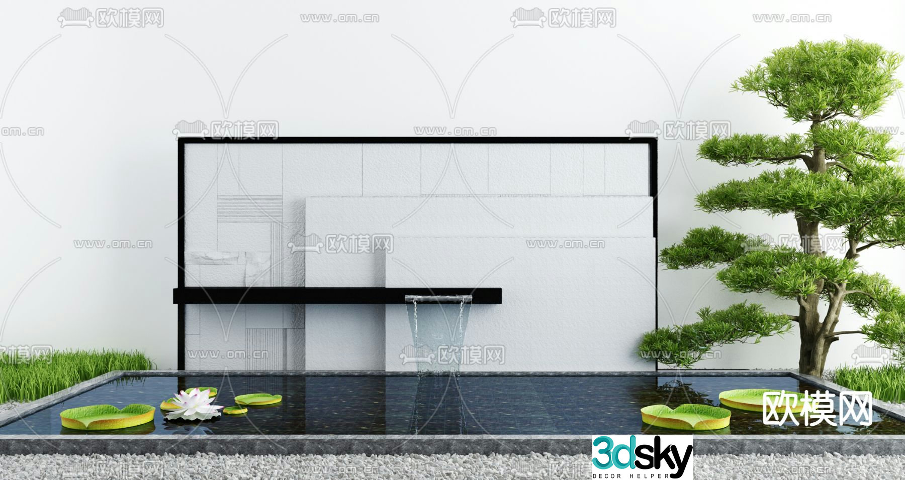 Landscape sketch flowing water feature wall lotus pond 3D model