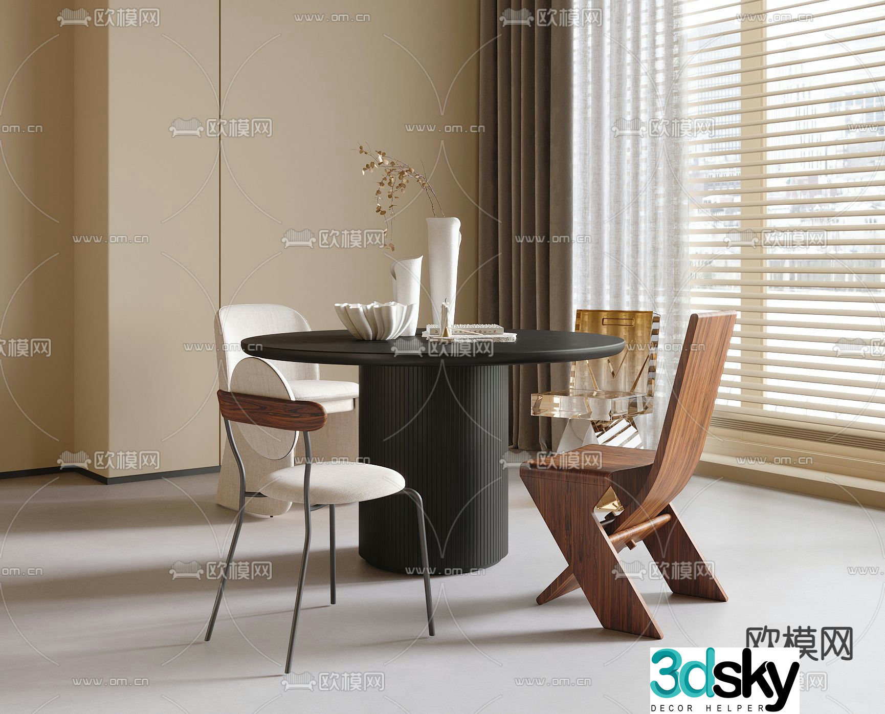 Medieval style round dining table dining table and chairs 3D model