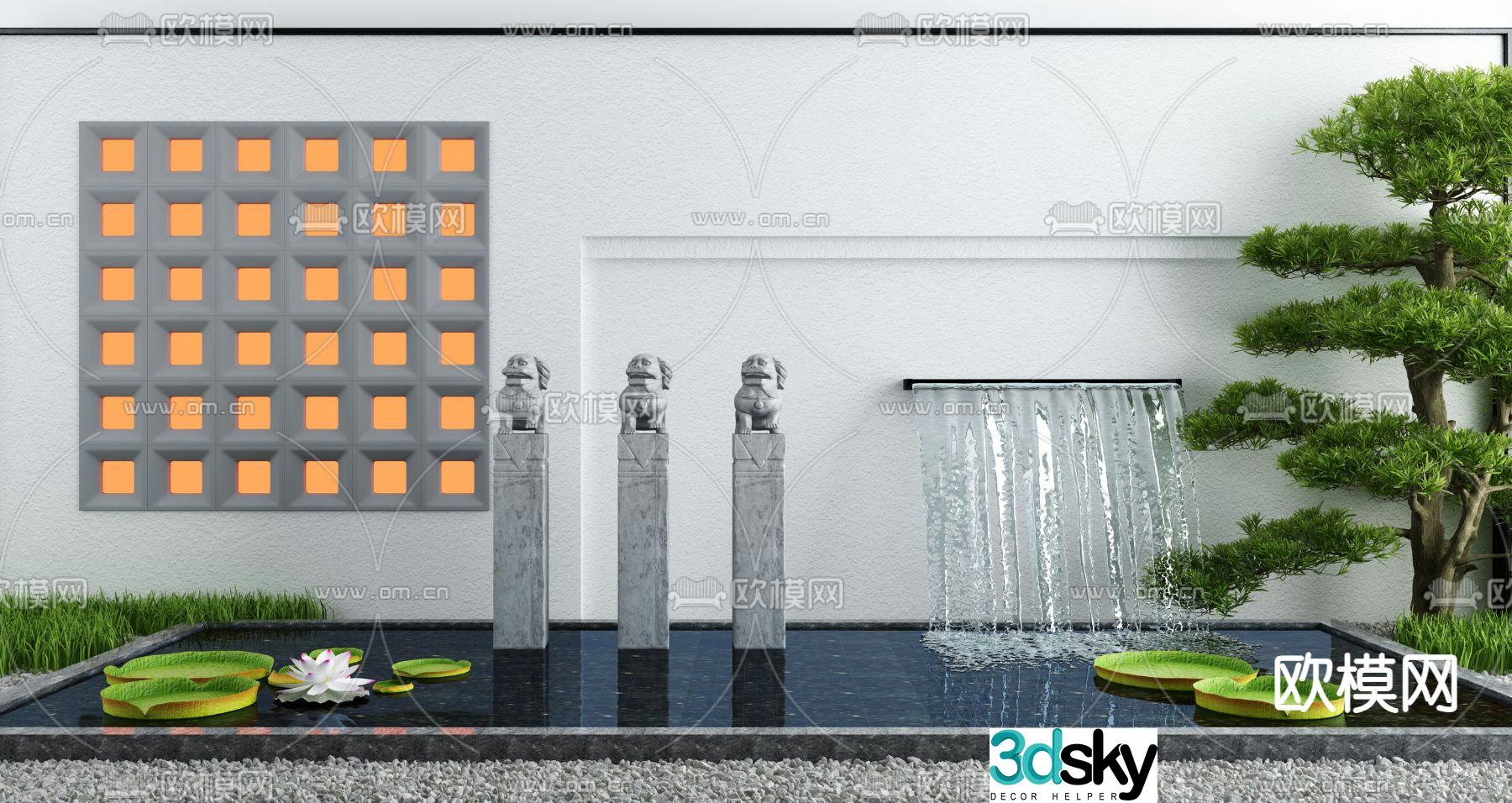 Landscape sketch flowing water feature wall stone lion sculpture 3D model