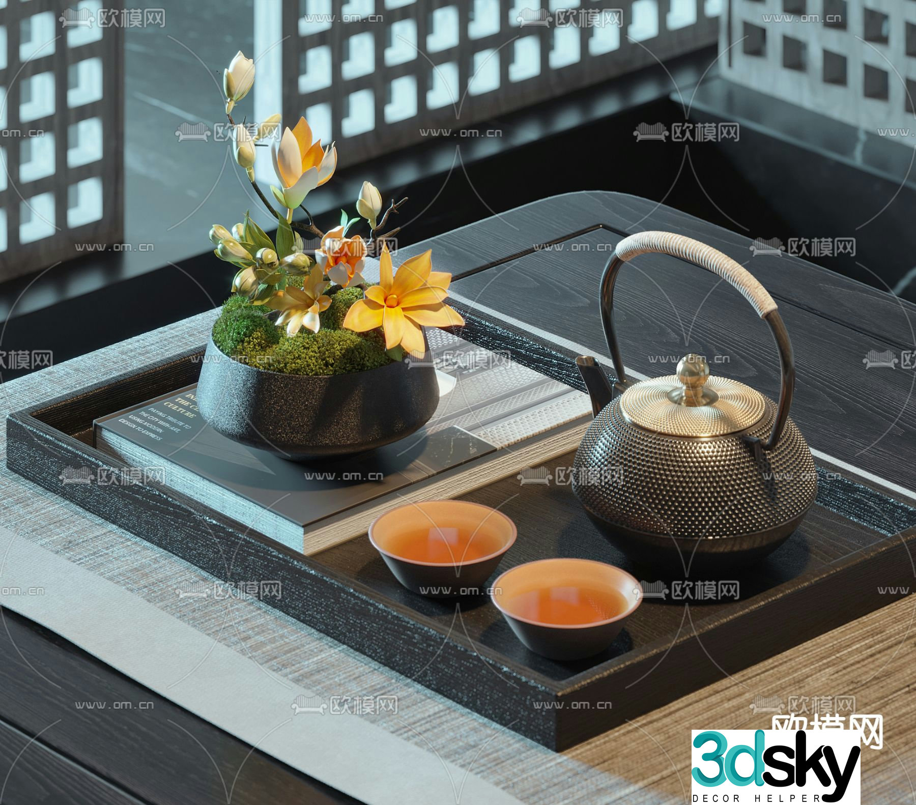 New Chinese style tea set teapot dried flowers 3D model
