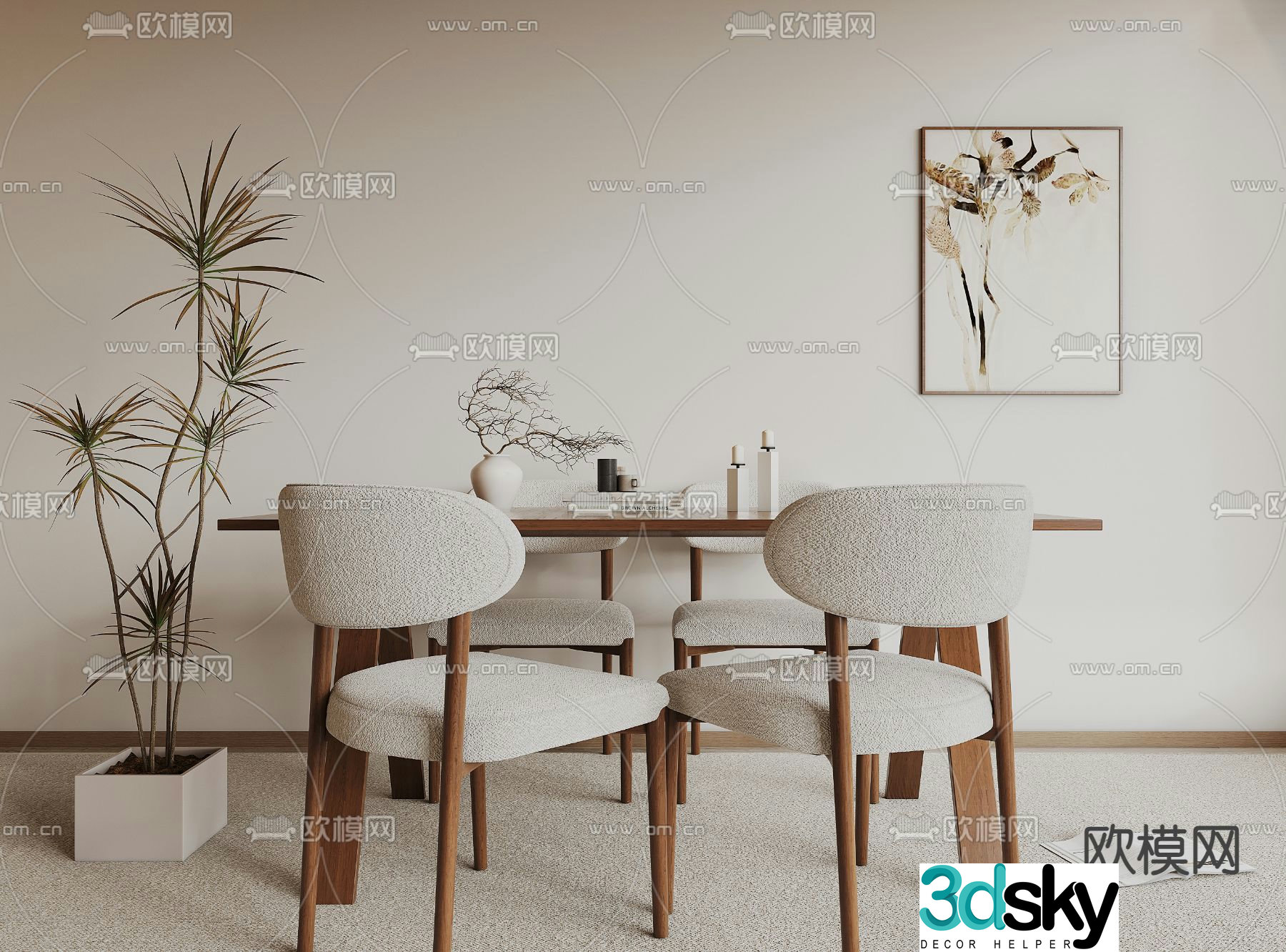 Wabi-sabi dining table and chairs strip dining table 3d model