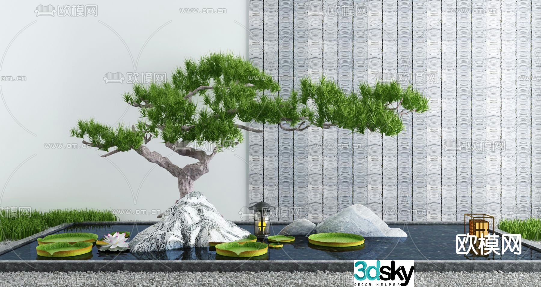 Waterscape sketch lotus pond pine tree landscaping 3D model