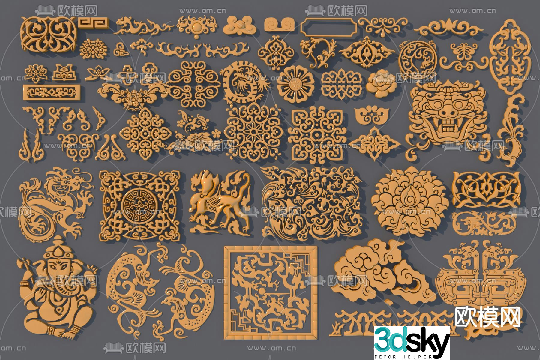 Chinese antique carving three-dimensional relief corner flowers decorative pattern 3D model