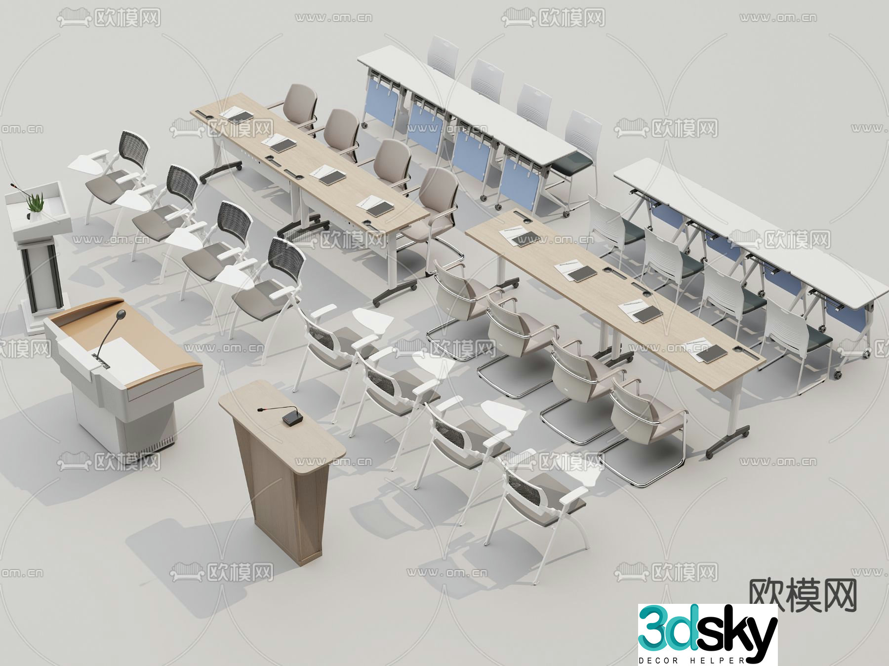 Training tables and chairs classroom tables and chairs conference tables and chairs folding chairs podium 3D model