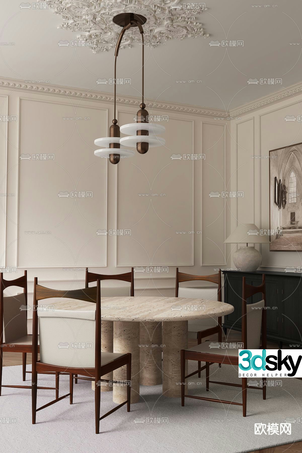 Medieval style dining table and chairs round dining table 3D model