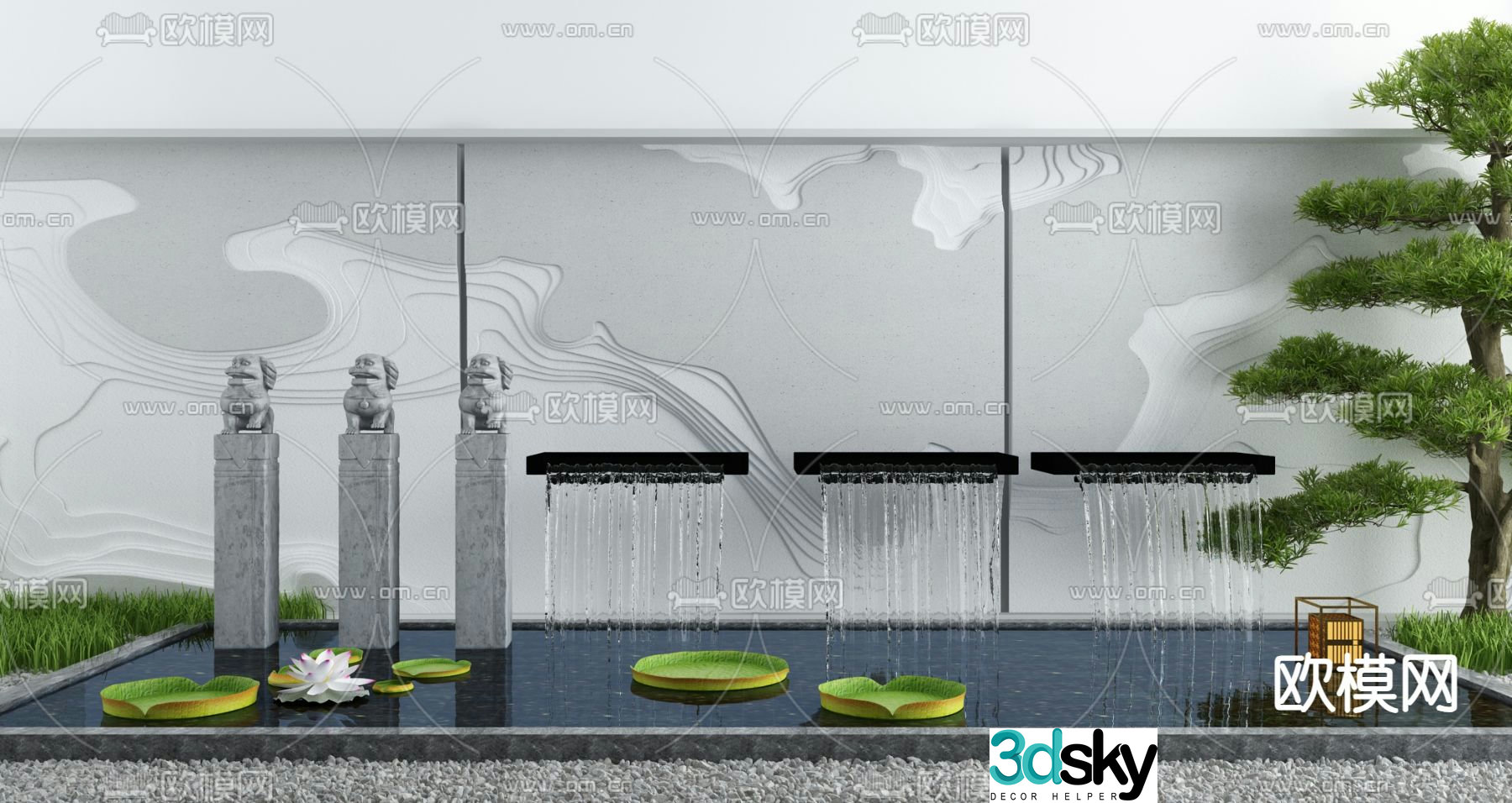 Landscape sketch flowing water feature wall lotus pond stone sculpture 3D model