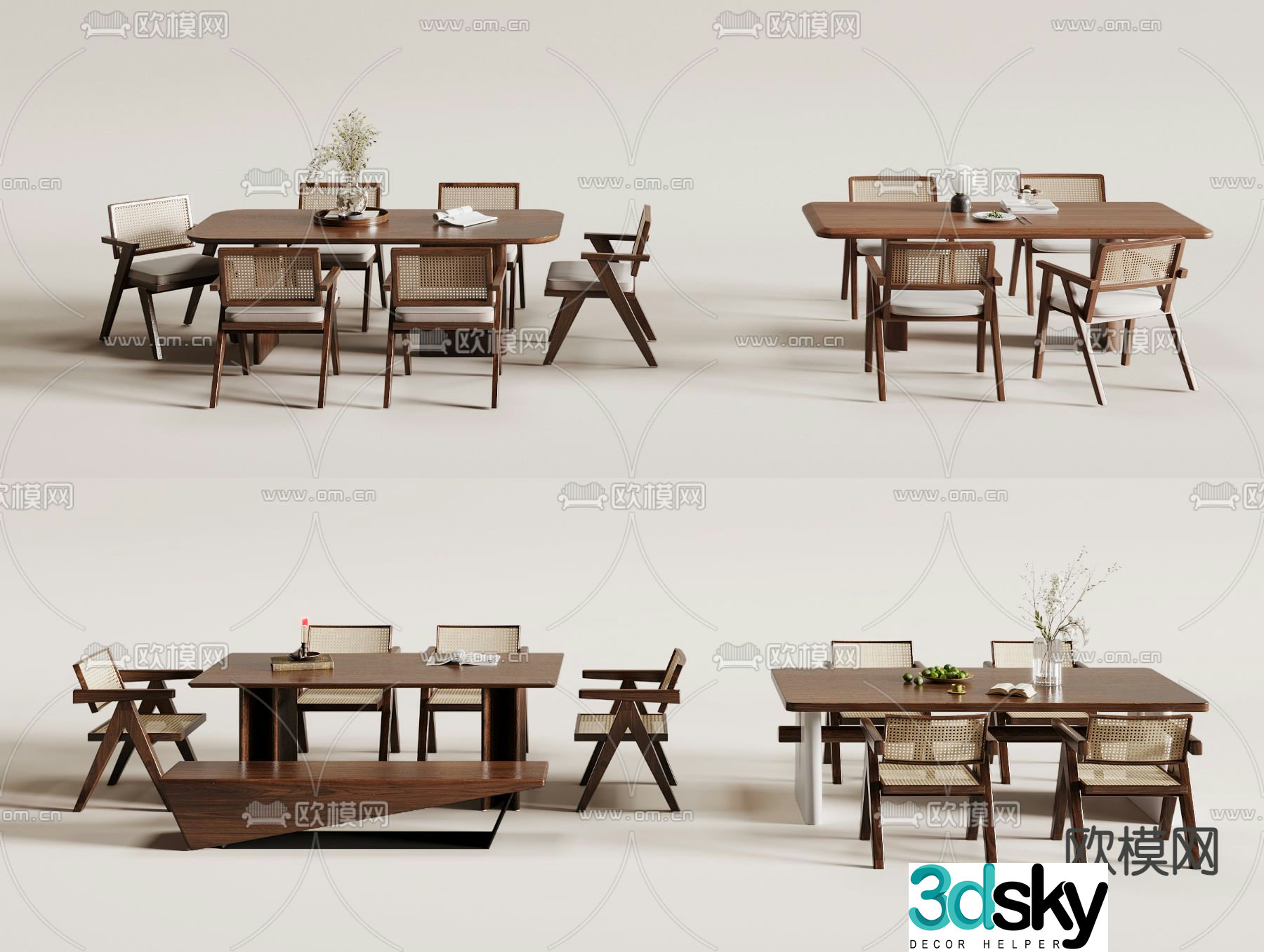 Wabi-sabi style dining table and chairs 3d model