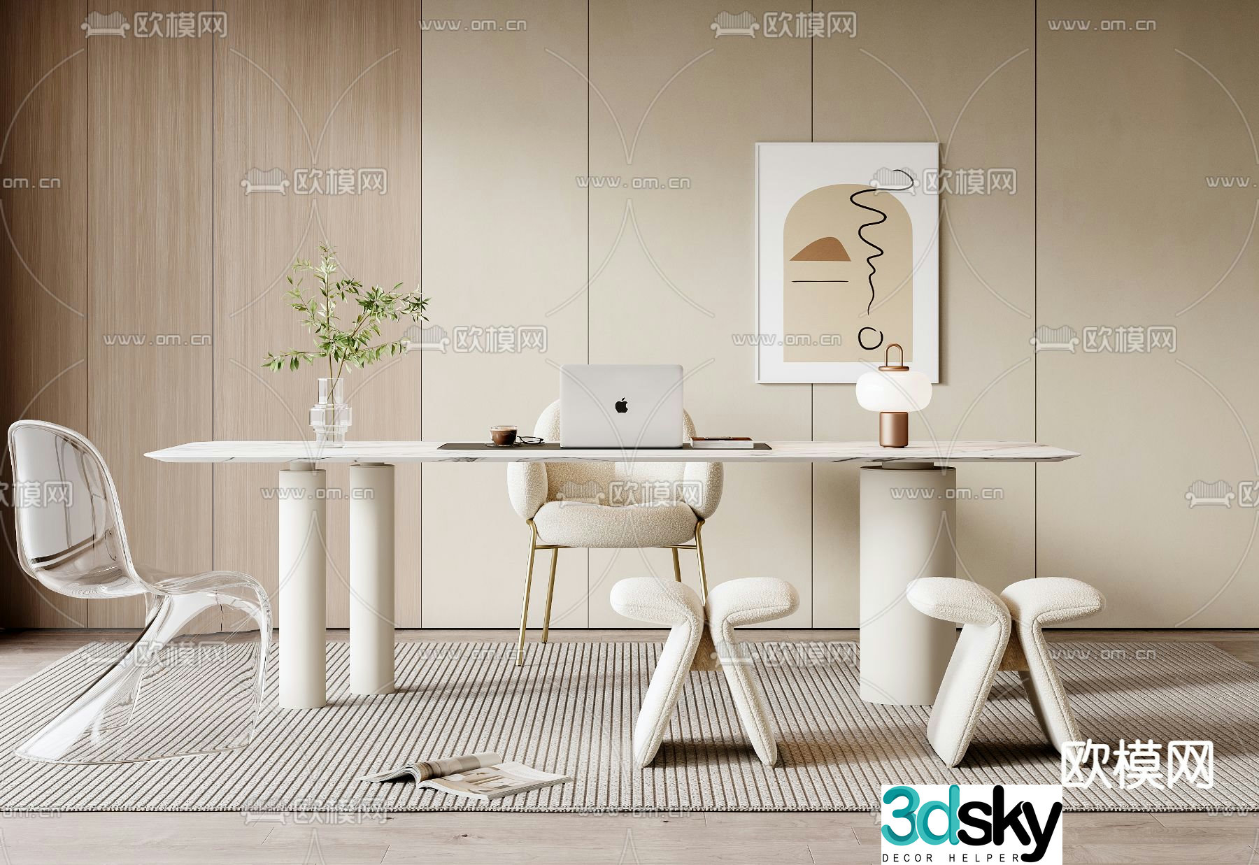 Cream style desk writing desk computer desk 3d model