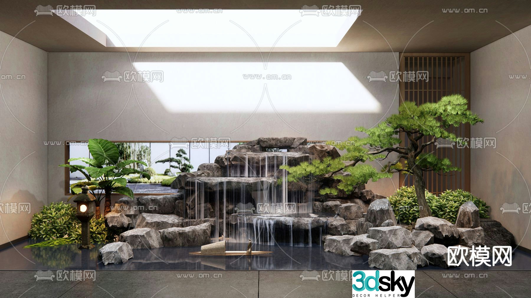 Rockery waterscape stone stacking plant landscaping 3D model