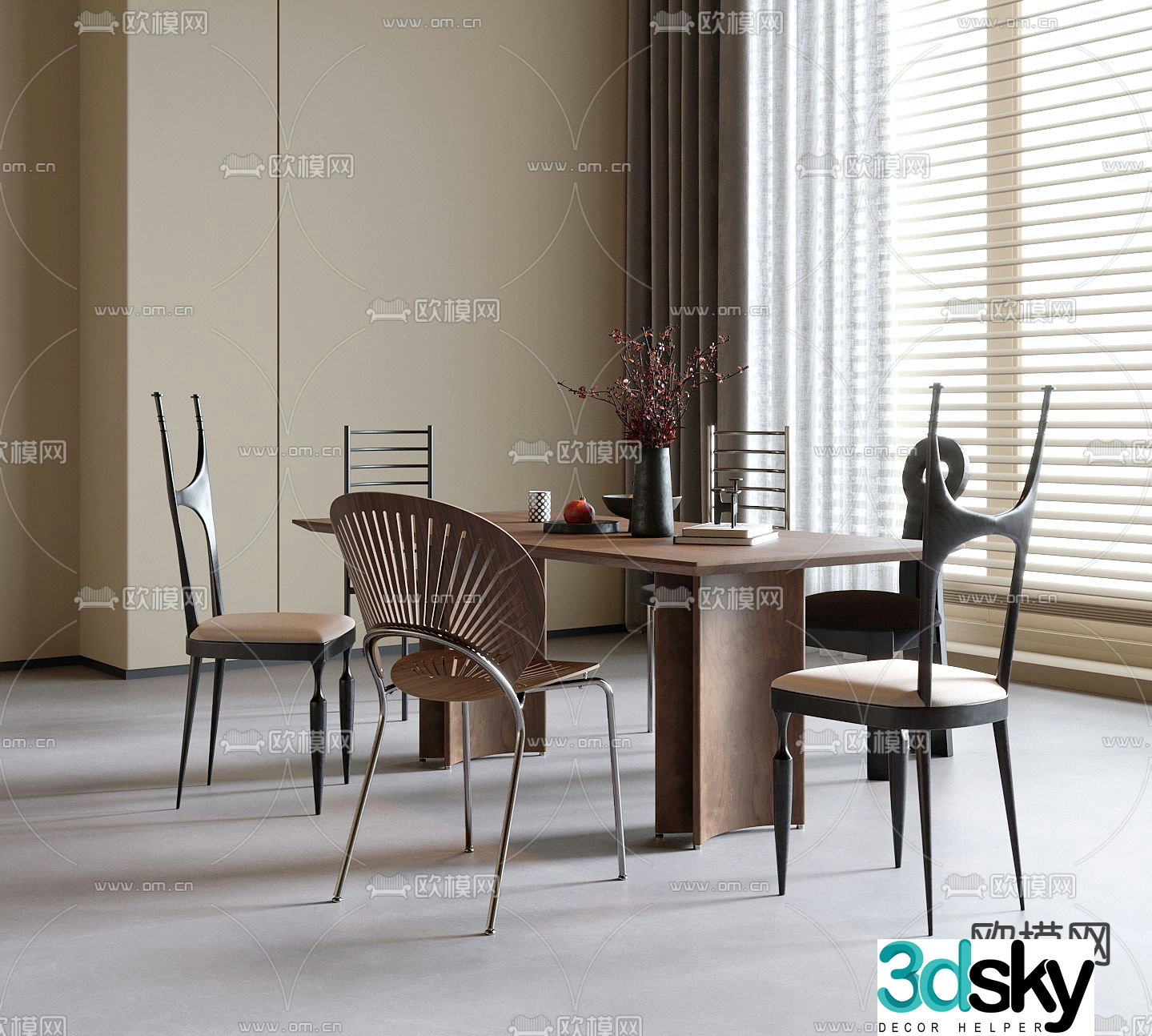 Medieval style dining table and chairs 3d model