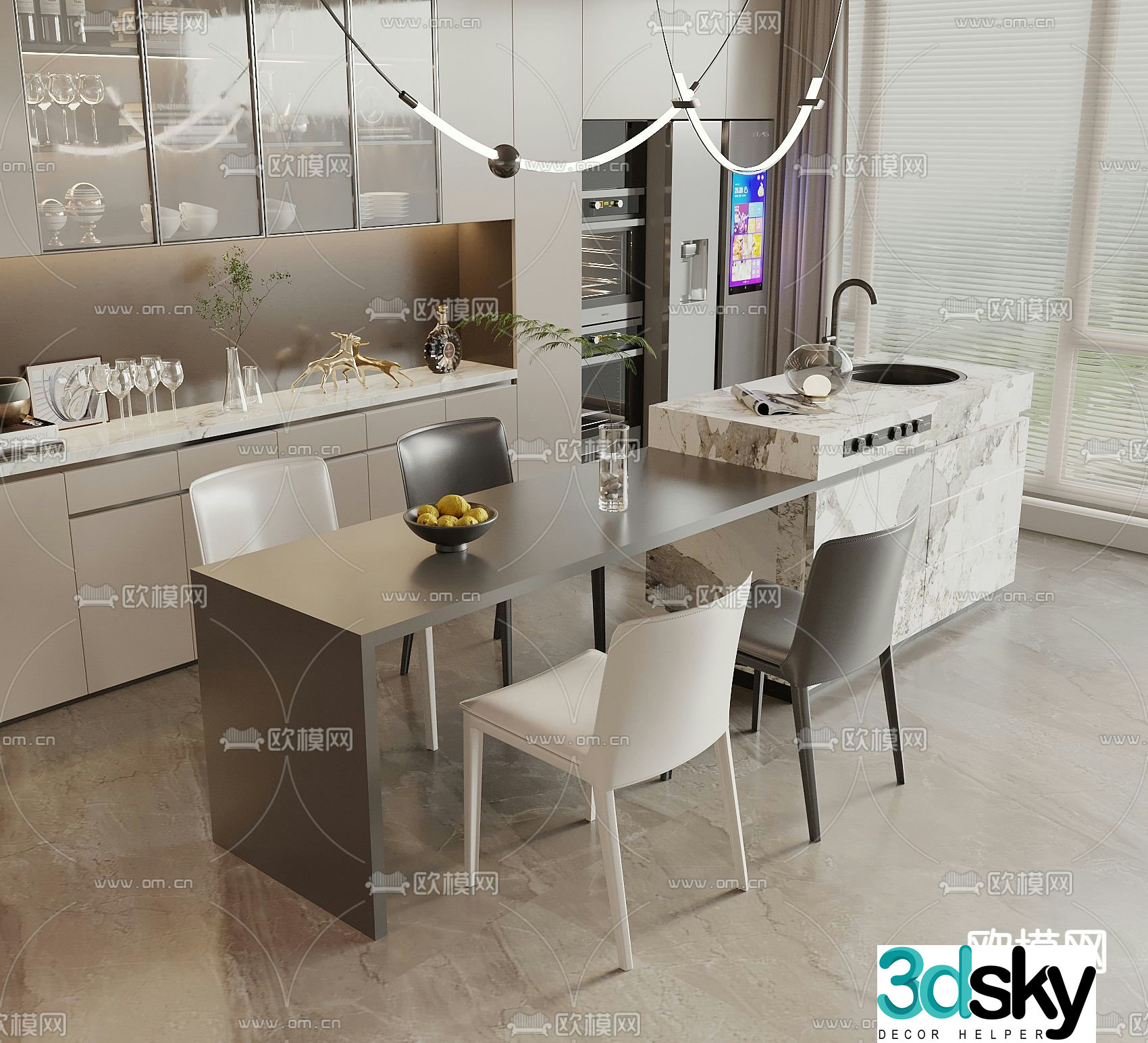 Island dining table and chairs 3d model