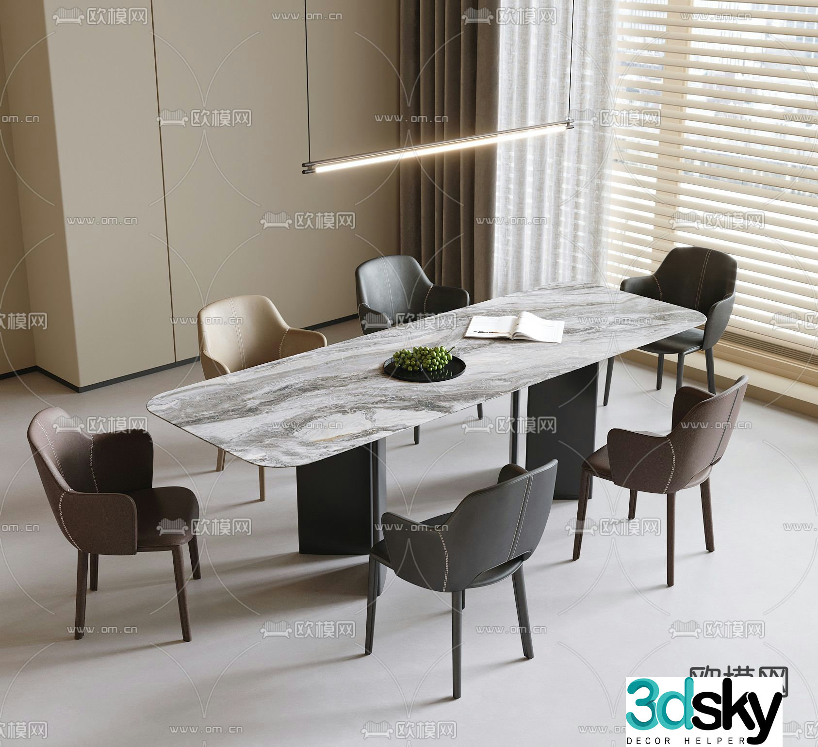 Long dining table and chairs 3d model