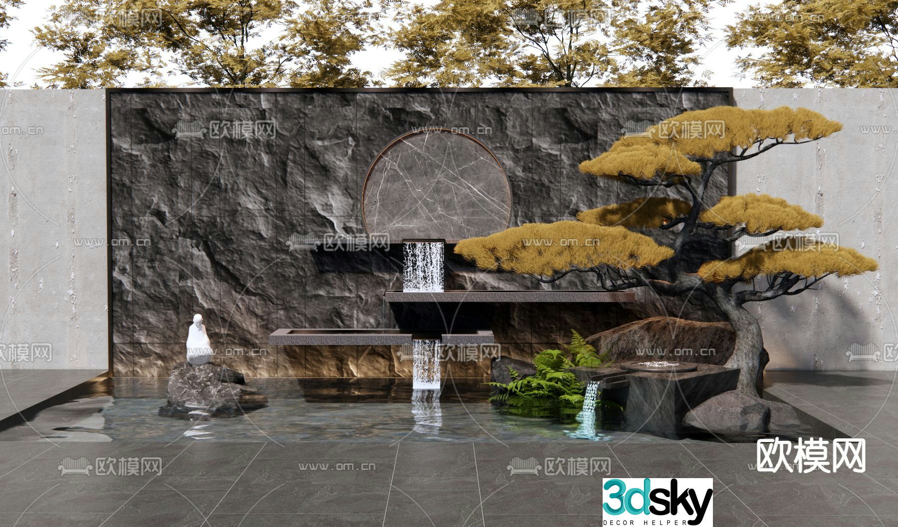 Falling water feature wall rockery water feature plant landscaping 3D model