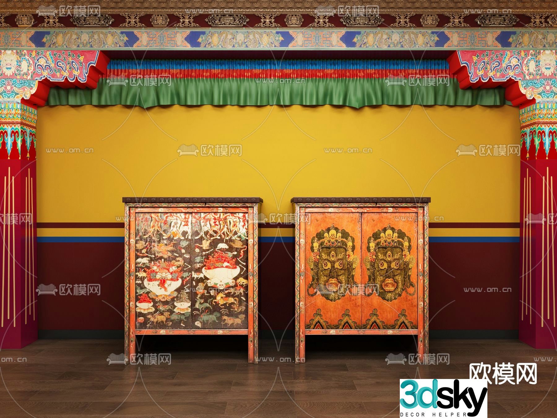 Tibetan ethnic style side cabinet decorative cabinet low cabinet 3D model