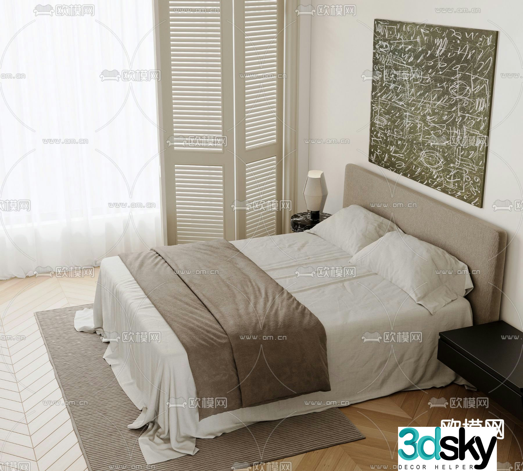Wabi-sabi style double bed 3d model