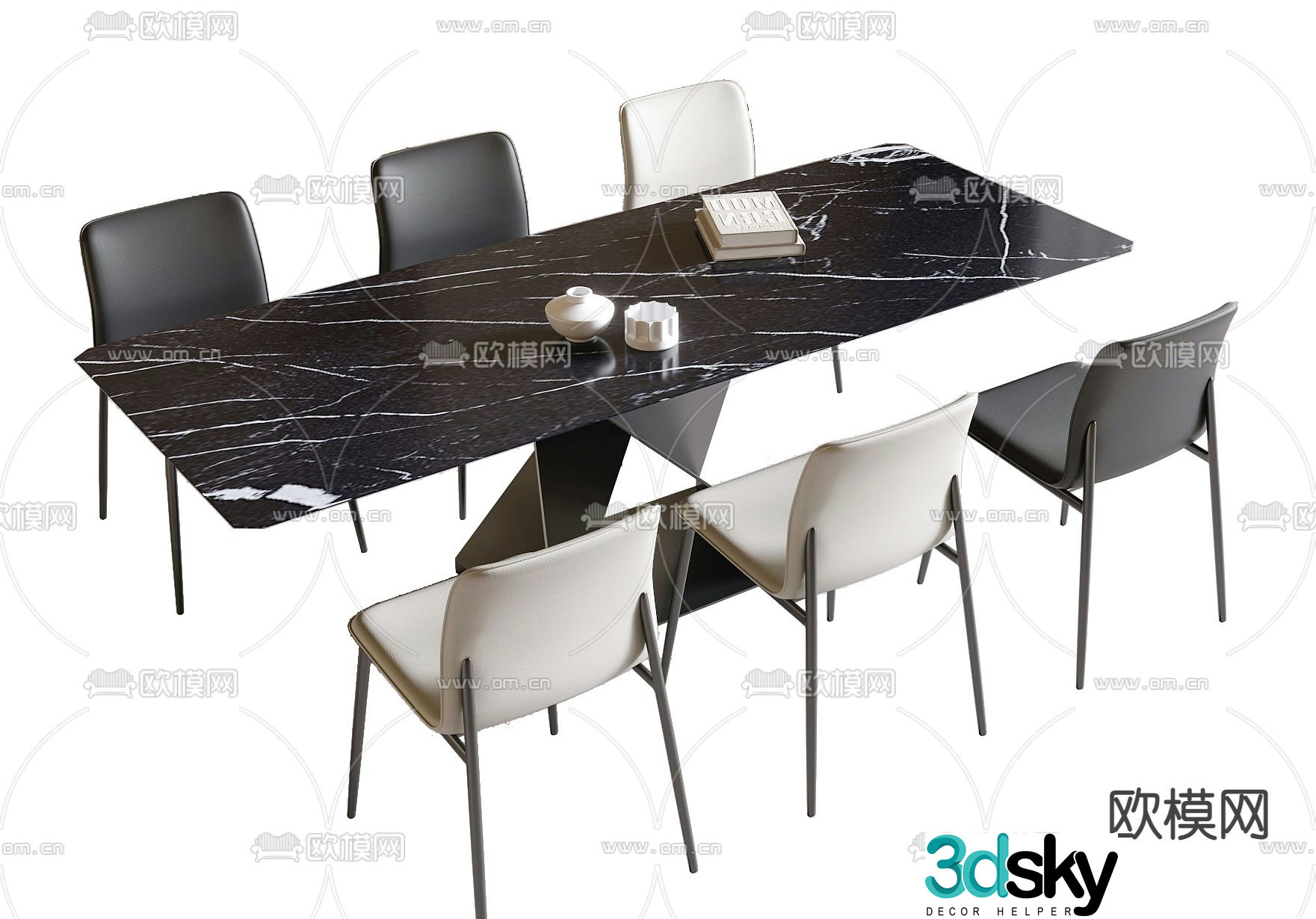 Long dining table and chairs 3d model