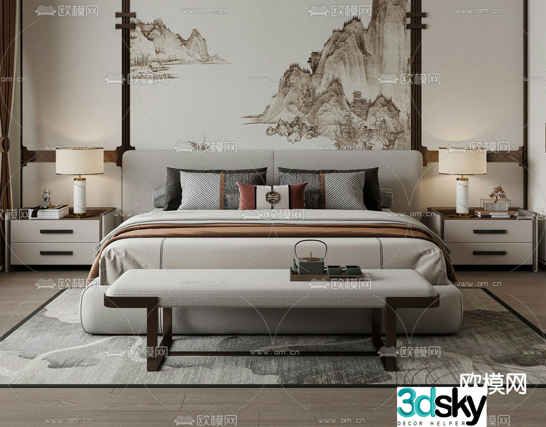 New Chinese style double bed 3d model