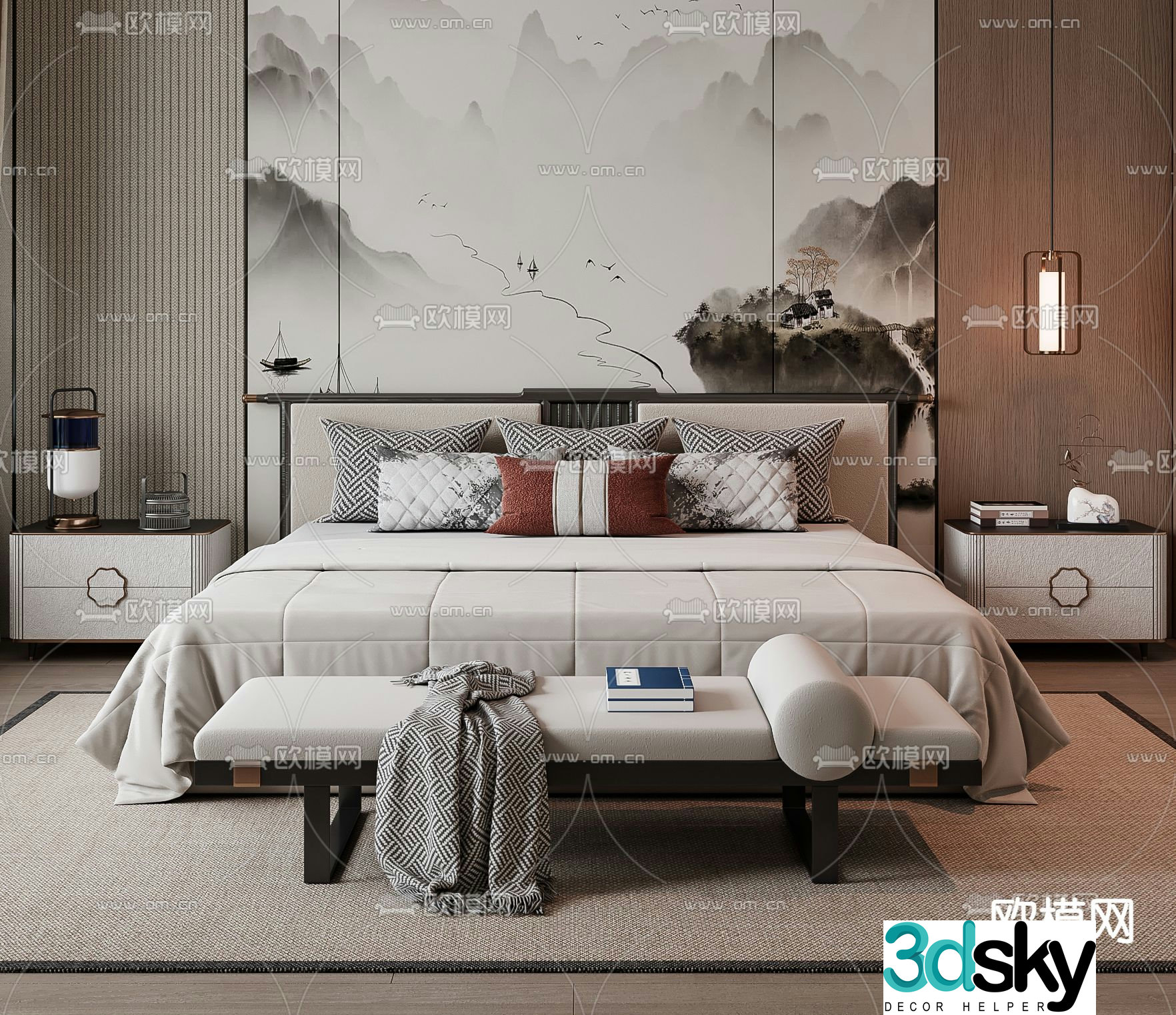 New Chinese style double bed 3d model